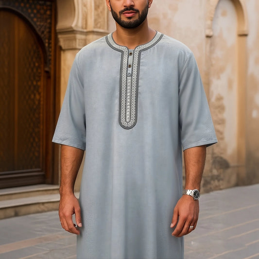 2026 New Model Men's Long Robe With Embroidery And Side Pockets Muslim Long Dress Robe Abaya Ramadan Dubai Luxury Islam Elegant