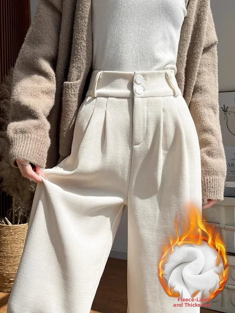White Corduroy Wide Leg Pants Women's Autumn Winter Slim Straight Drapey Small Size Fleece Lined Suit Trousers