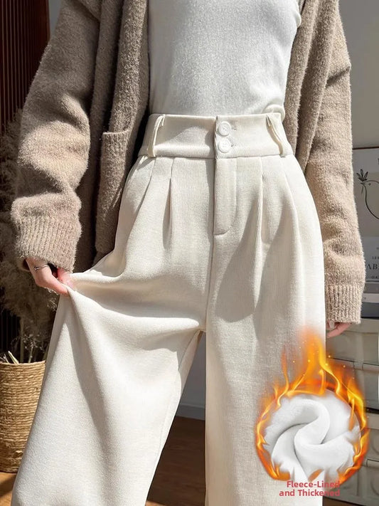 White Corduroy Wide Leg Pants Women's Autumn Winter Slim Straight Drapey Small Size Fleece Lined Suit Trousers
