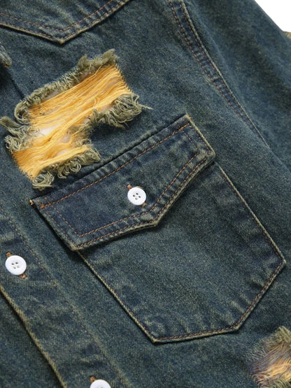 Men's Dark Denim Blue Vintage Ripped Short Sleeve Denim Shirt, Casual Lapel Denim Top With Pockets For Summer