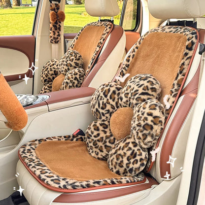 Women's New Leopard-print Car Seat Cushion Winter Plush Warm Non-slip Seat Cover Fashion Full Set Automobile Interior Decoration