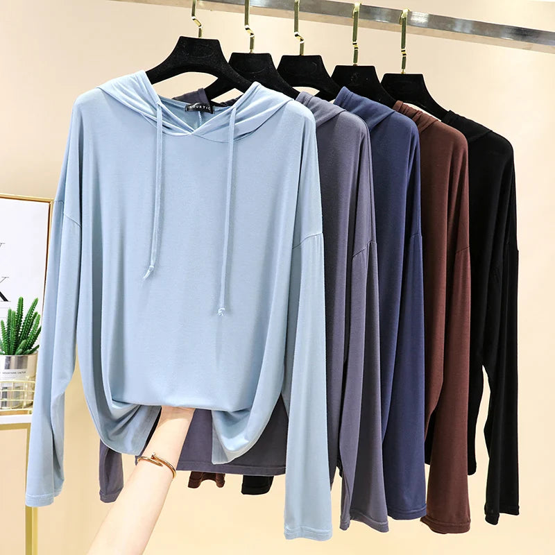 Spring Summer New Modal Long Sleeve Hoodie T-Shirt Women plus Size Loose Base Shirt Slimming Sun Protection Top Korean Style