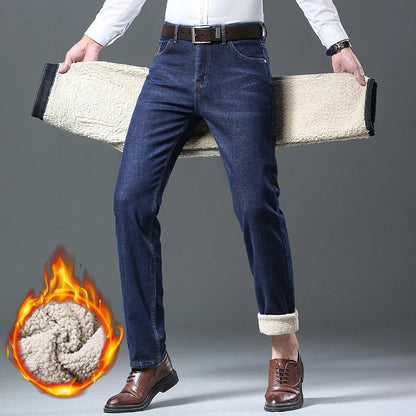 Winter Men's Fleece Jeans Classic Straight Casual Sherpa Thermal Trousers Thickened Warm Stretch Wool Velvet Denim Pants