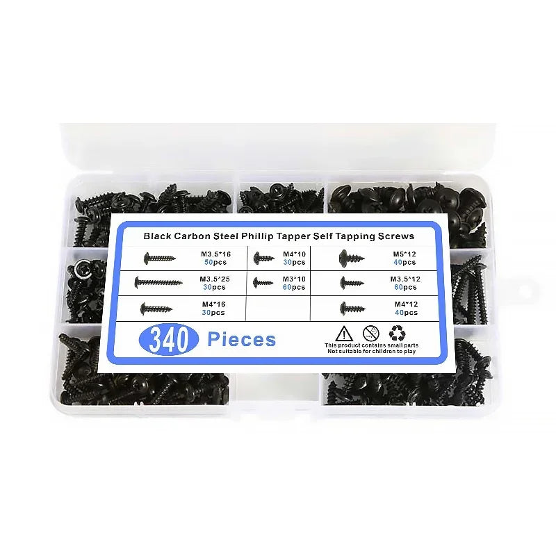 340PCS Assorted Screw Kit Black Carbon Steel Phillips Tapper Screws Set for DIY Furniture Wood Working Repair Fasteners Tool