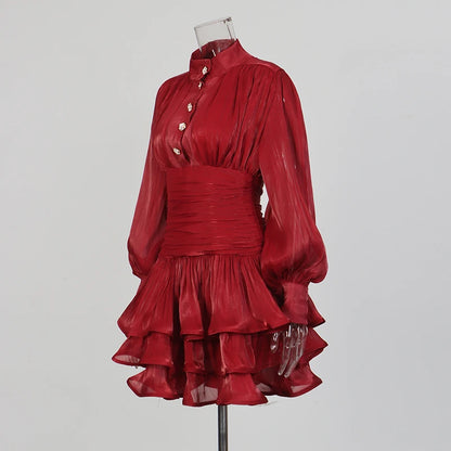 TWOTWINSTYLE Solid Spliced Ruffles Dress Female Stand Collar Long Sleeve Loose French Elegant Women's Dresses Autumn Fashion New