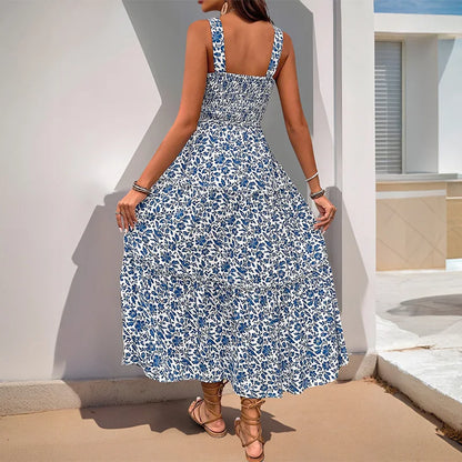 Women's Floral Maxi Dress Summer Square Neck Strappy Backless Smocked Bodice High Waist Long Dress Vacation Beach Outfit 2026