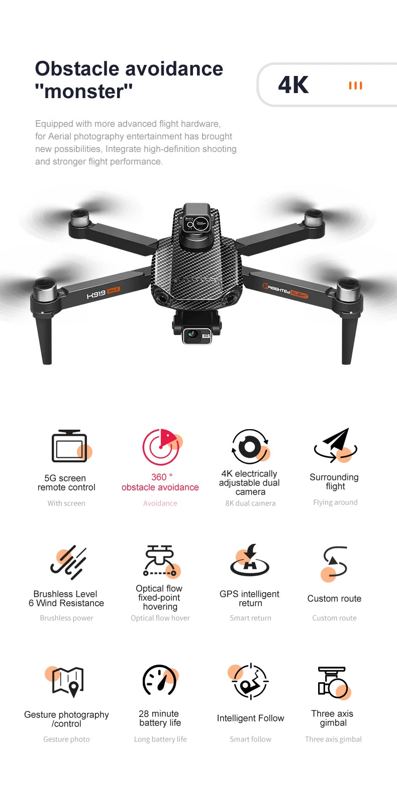 New K919 MAX Drone 8K GPS Professional HD 3-axis Gimbal Aerial Screen Remote Control Aircraft 5G HD Dual Camera Security drone