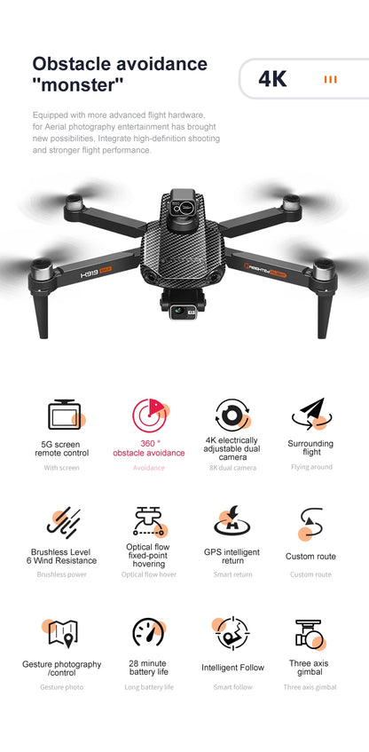 New K919 MAX Drone 8K GPS Professional HD 3-axis Gimbal Aerial Screen Remote Control Aircraft 5G HD Dual Camera Security drone