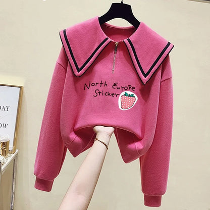 Teenage Girl's Fleece Lined Thickened Navy Collar Sweatshirt Small Size Winter Fashionable Clothing School Sweet Style Zipper