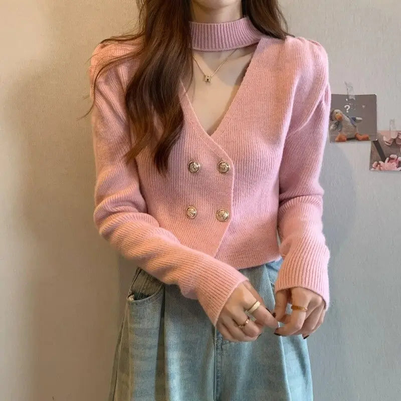 Elegant V-Neck Bubble Sleeve Knitwear Short Top Fashion Trend Neck Hanging Style Girl's French Style Slim Fit Long Sleeve Autumn