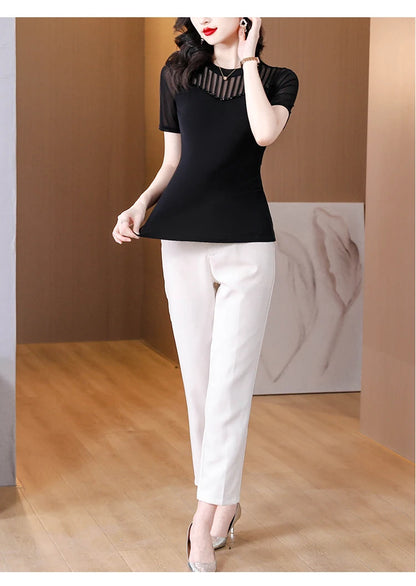 Lace Short Sleeve Slim Fit T-Shirt Women's Summer New Netting Thin Style round Neck Regular Length Pure Color Commute Style