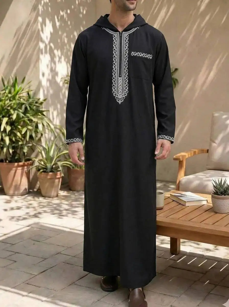 Loose-fit Embroidered Men's 2026 Casual Hooded Clothing 2026 Muslim Long Dress Robe Abaya Ramadan Dubai Luxury Islam Elegant