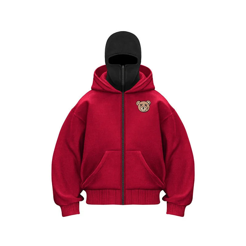 Unisex Double Hooded Fleece Sweatshirt Men Balaclava Hoodie Half Zip Warm Outfit Fall Winter Men Clothing Double Layered Hoodie