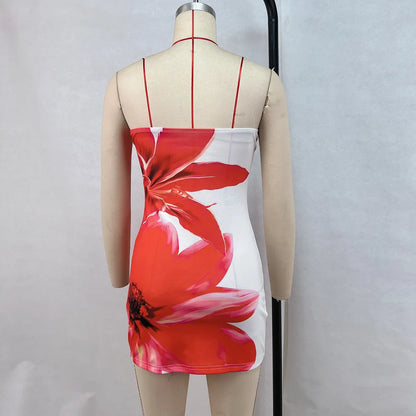 Women Strapless Floral Print Bodycon Mini Dress Summer Sexy Wrapped Hip Tube Top Short Dress for Party Beach Clubwear