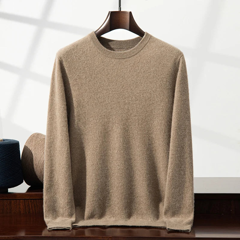 100% Cashmere Men's Pullover Business Casual Solid Knitted Sweater Loose Pull Round Neck Collar Tops Basic Versatile Jumper