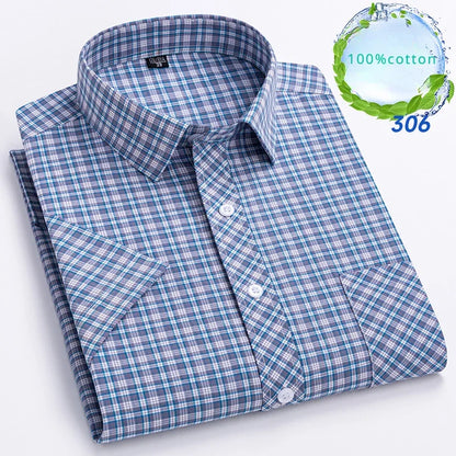 New in Shirt Over Size 100% Cotton Thin Summer Short Sleeve Shirts for Men Slim Fit Plain Shirt Plaid Soft Korean Popular Clothe