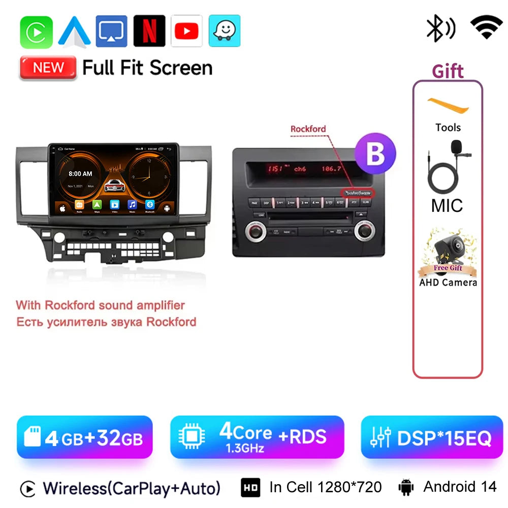 JIUYIN 10.1" Android 15 Car Radio For Mitsubishi Lancer 2007 - 2017 CarPlay Android Auto GPS 4G Multimedia Stereo Navigation