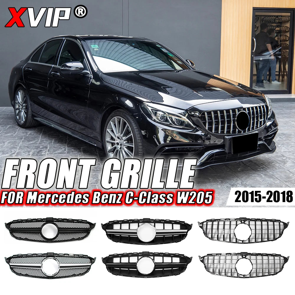 XVIP GTR Style Front Racing Grille For Mercedes Benz C-Class W205 2015-2018 C180 C200 C300 Chrome Diamonds Style Bumper Grilles