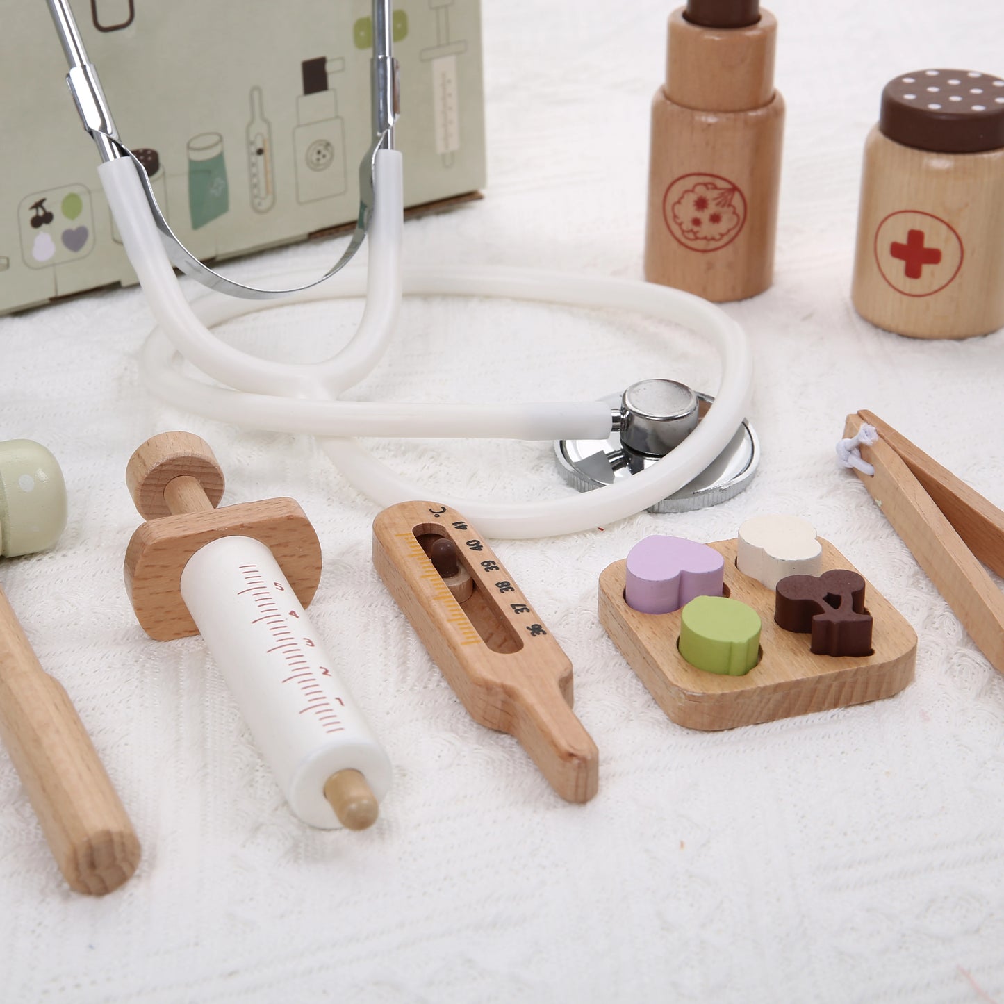 Children's Simulated Nurse Stethoscope Medical Kit Syringe Set Wooden Boy Doctor Playing House Toy