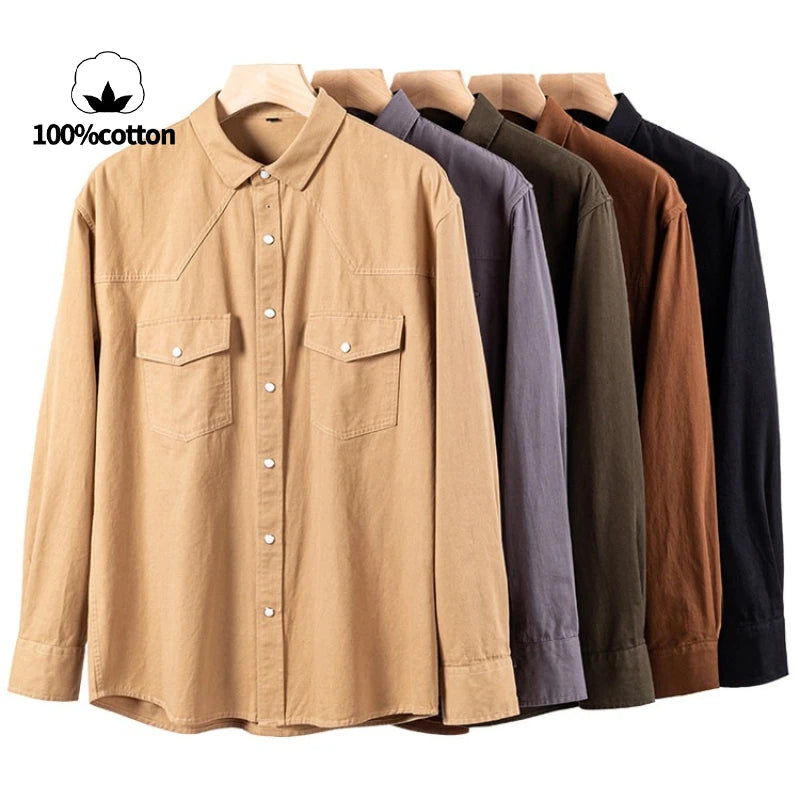 100% Cotton Workwear Shirt Jacket, Korean Snap Button Design, Enzyme Wash Vintage, Khaki Black Grey Beige S-4XL