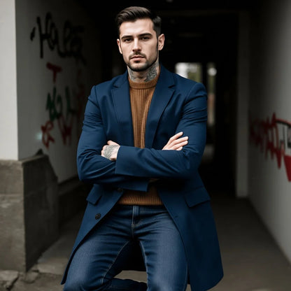 Men's Woolen Blend Single-Breasted Overcoat Winter Warm Long Coat Street Fashion Solid Color Jacket