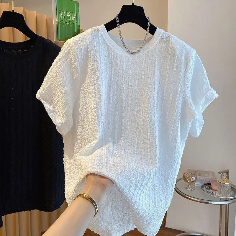 Short Sleeve T-Shirt Textured Summer Trendy High End Casual Handsome round Neck Half Loose Top Thin Cotton Women's Tee