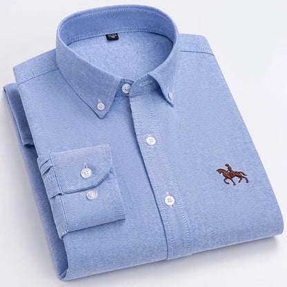 Quality 100% Cotton Oxford Shirt For Mens Long Sleeve Casual Business Regular-Fit Formal Dress Shirts Social Blouse Male Clothes