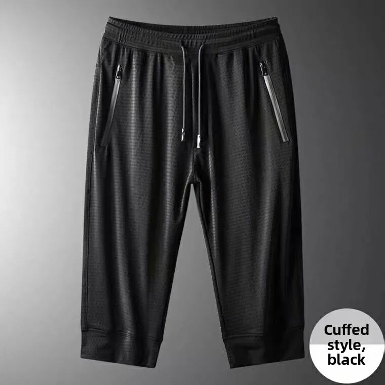 Ice Silk Men's Casual Pants Sports Set Air Conditioning Pants Quick Dry Trendy Large Size Short Sleeve T-Shirt Mesh Summer Wear