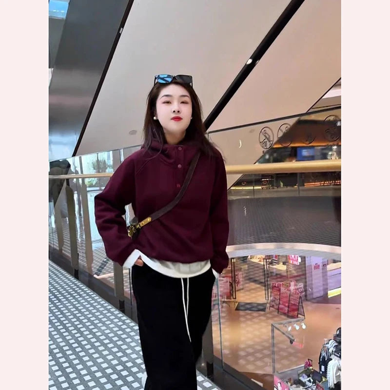 New Women's Hooded Sweatshirt Fleece Lined Thickened Warm Casual Loose Lazy Style Top for Winter Fashion Small Stature