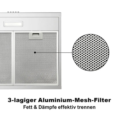 60cm Under Cabinet Range Hood 201m³/h, Stainless Steel, 3-Speed Button Control, Activated Carbon Filters
