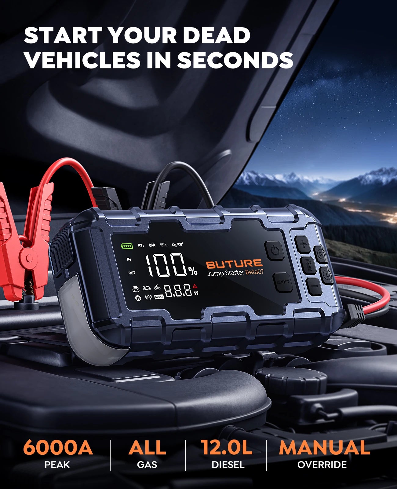 BUTURE 6000A Car Jump Starter PD45W Power Bank 26800mAh 160PSI Air Pump Battery Emergency Boosters Starting Device Car Starter