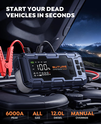 BUTURE 6000A Car Jump Starter PD45W Power Bank 26800mAh 160PSI Air Pump Battery Emergency Boosters Starting Device Car Starter