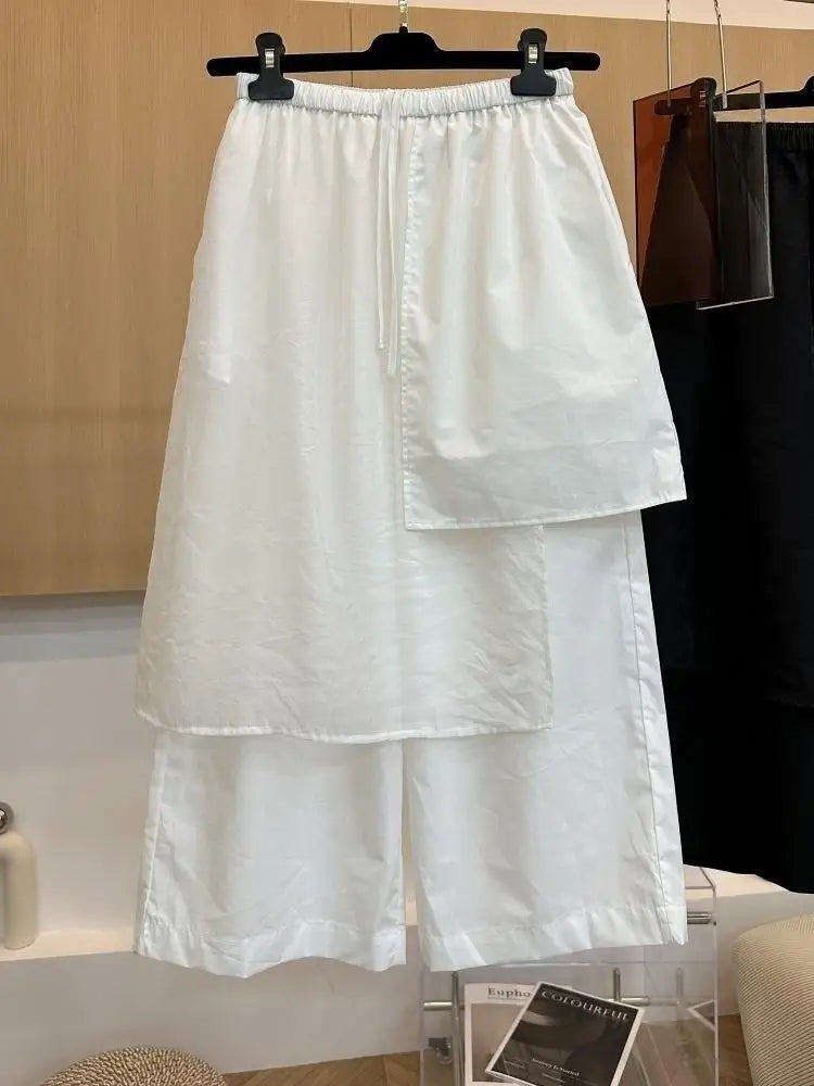 Summer European Style Women Two-piece Spliced Pants High Waist Loose Straight Leg Cropped Trousers Design Slim Casual Pants