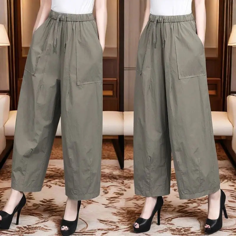 High Waist Wide Leg Pants Women Loose Slimming Nine Points Casual Pants plus Size Versatile Midlife Mom Pants Commute Style