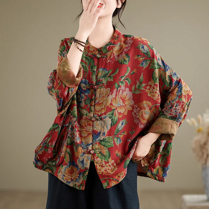 Large Size Spring Cotton Linen Print Button up irt Chinese Sle Tea Costume Retro Chinese Sle Outerwear Women's irt