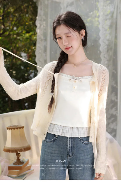 ALXNAN Cream Yellow Plaid Spliced Camisole Women 2026 Summer Elegant Sweet Beach Sleeveless Tops Casual Bow Design Camis L62323