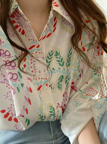 Chic Women's Shirt Vintage Gentle Loose Design Sensation Elegance Korean Style Long Sleeve  Collar Print Casual Fashion
