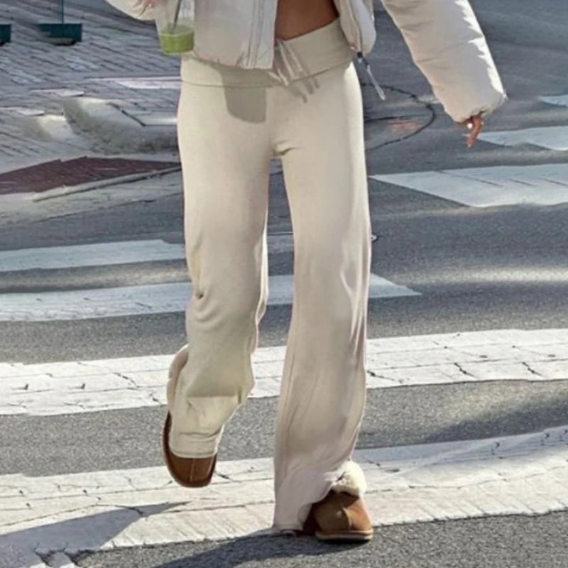 Rockmore Spicy Girl Low Waist Straight Leg Pants Pure Color Flip Waist Versatile Long Trousers Street Style Casual Pants