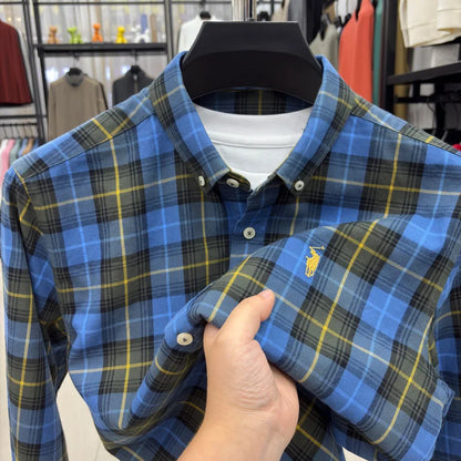 Men's 100% Cotton Brushed Plaid Long Sleeve Shirt, Small Horse Embroidery, Spring Autumn Business Casual Inner Wear Tops