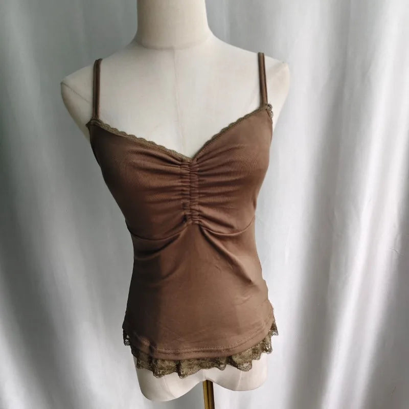 Kimotimo Vintage Lace Edge Camisole Vest Women 2026 New Folds Waist Slim Fit Sleeveless Crop Top Sexy Y2k Outerwear Tanks Gothic