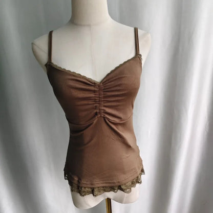 Kimotimo Vintage Lace Edge Camisole Vest Women 2026 New Folds Waist Slim Fit Sleeveless Crop Top Sexy Y2k Outerwear Tanks Gothic