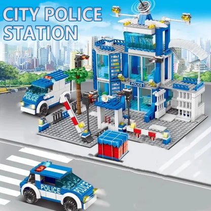 666PCS City Police Station Building Blocks Construction Model Toy with Car & Helicopter for Boys Christmas Gift Kid Educational