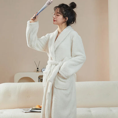 Couple's Thickened Coral Fleece Sleepwear Robe Winter Home Clothes Men's Long Coat Style Hat with Polyester Fabric