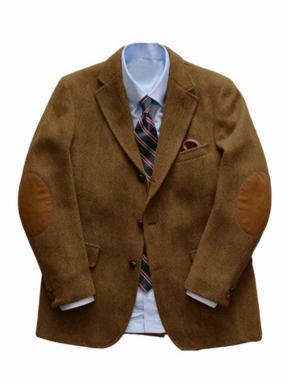 Men's Vintage Herringbone Tweed Blazer With Elbow Patch 2 Button Single Breasted Cotton Casual Slim Fit Business Jacket XS-7XL