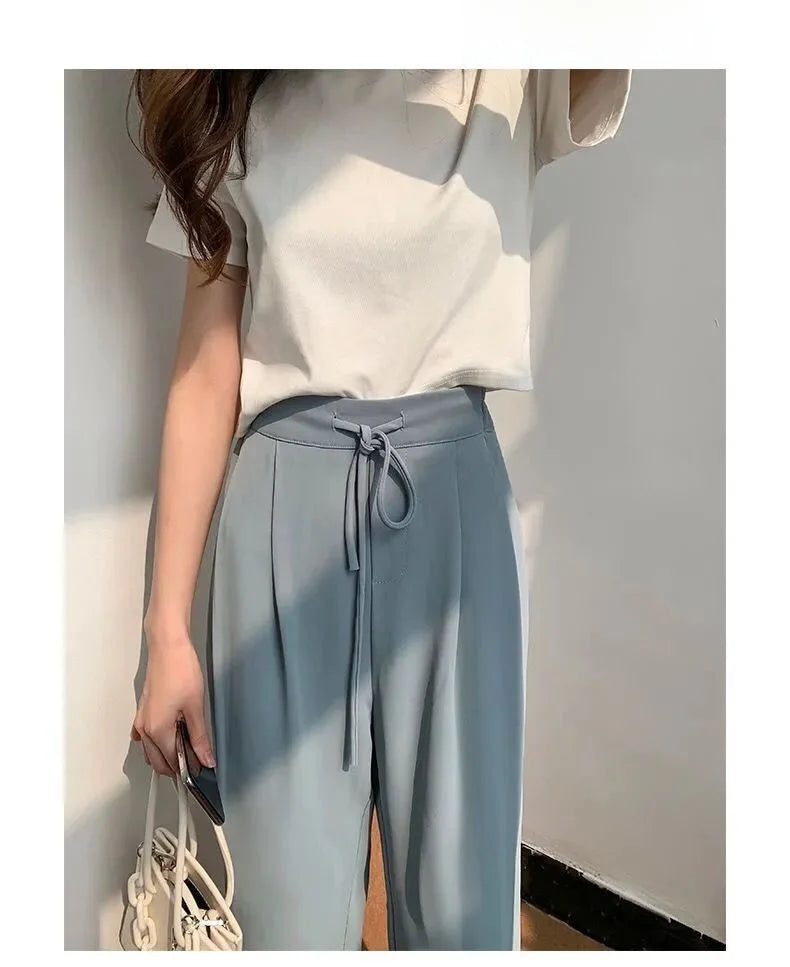 Ice Silk High Waist Wide Leg Pants Women Summer Loose Thin Straight Casual Trousers Korean Style Polyester Fiber Skin-friendl...