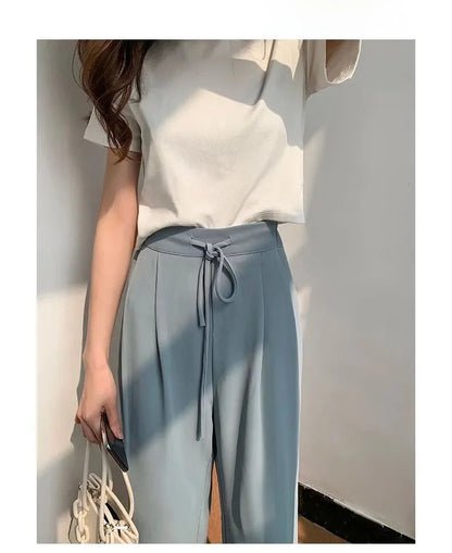Ice Silk High Waist Wide Leg Pants Women Summer Loose Thin Straight Casual Trousers Korean Style Polyester Fiber Skin-friendl...