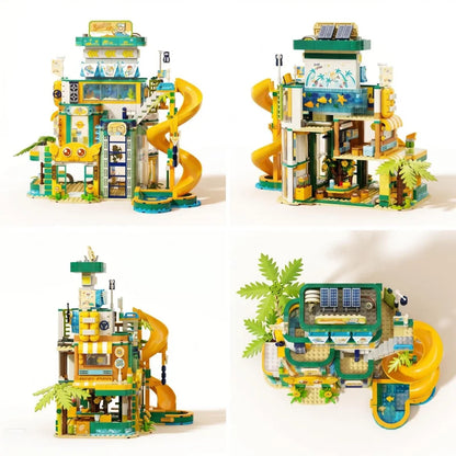 New Sunshine Park Summer Seaside Vacation Street Scene Building Block Set, a multi-story modular building block model of a surf