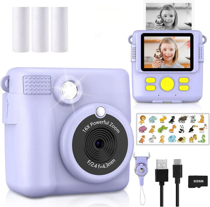 kids camera instant print 1080P Portable Kids Camera with  32GB Card3 and Rolls Photo Paper , Perfect Gift for Toddlers