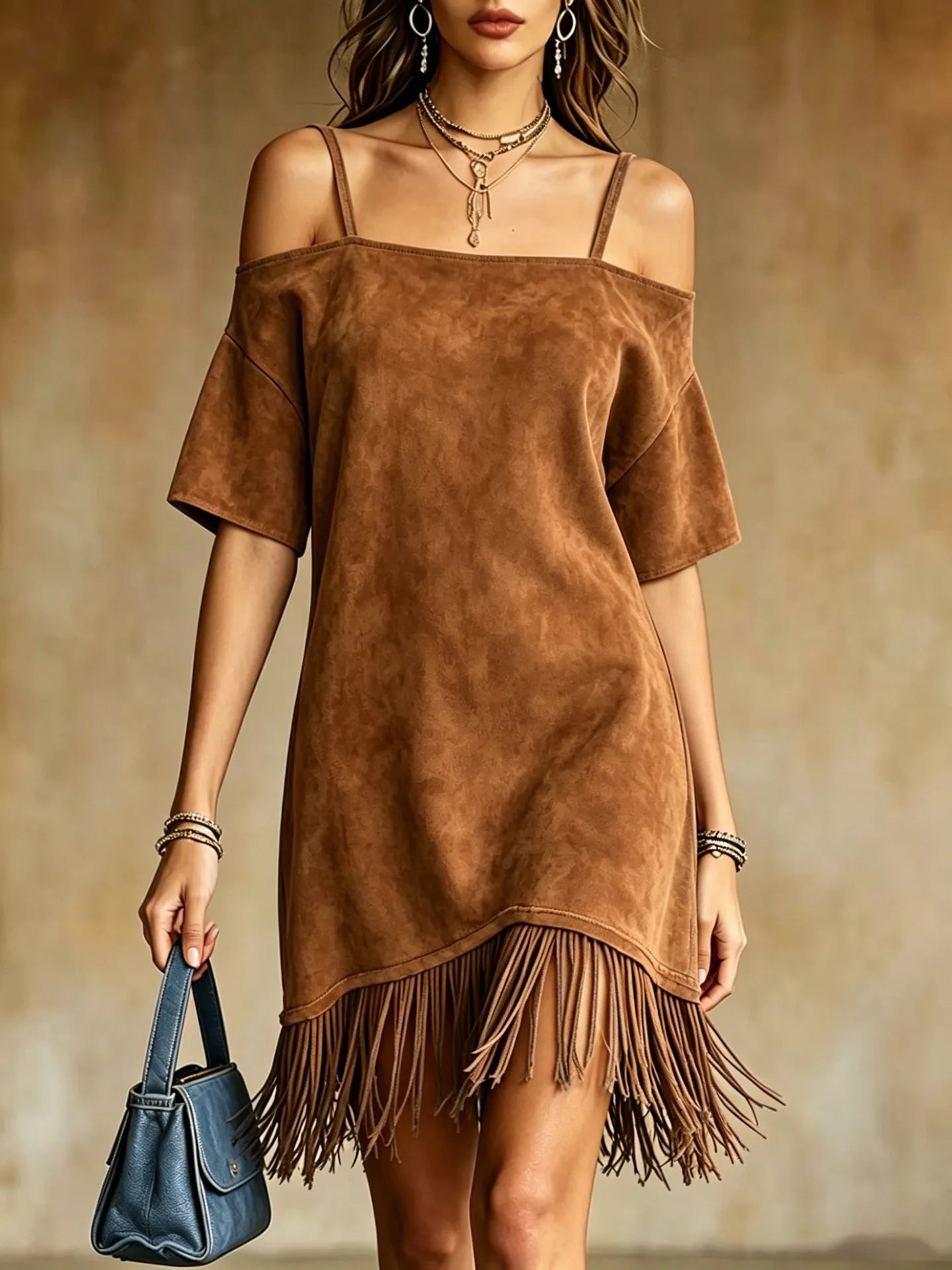 Casual Solid Color Suede Mini Dress Women Off Shoulder Spaghetti Strap Loose Fit Tassel Hem Elegant Daily Wear Chic Sundresses