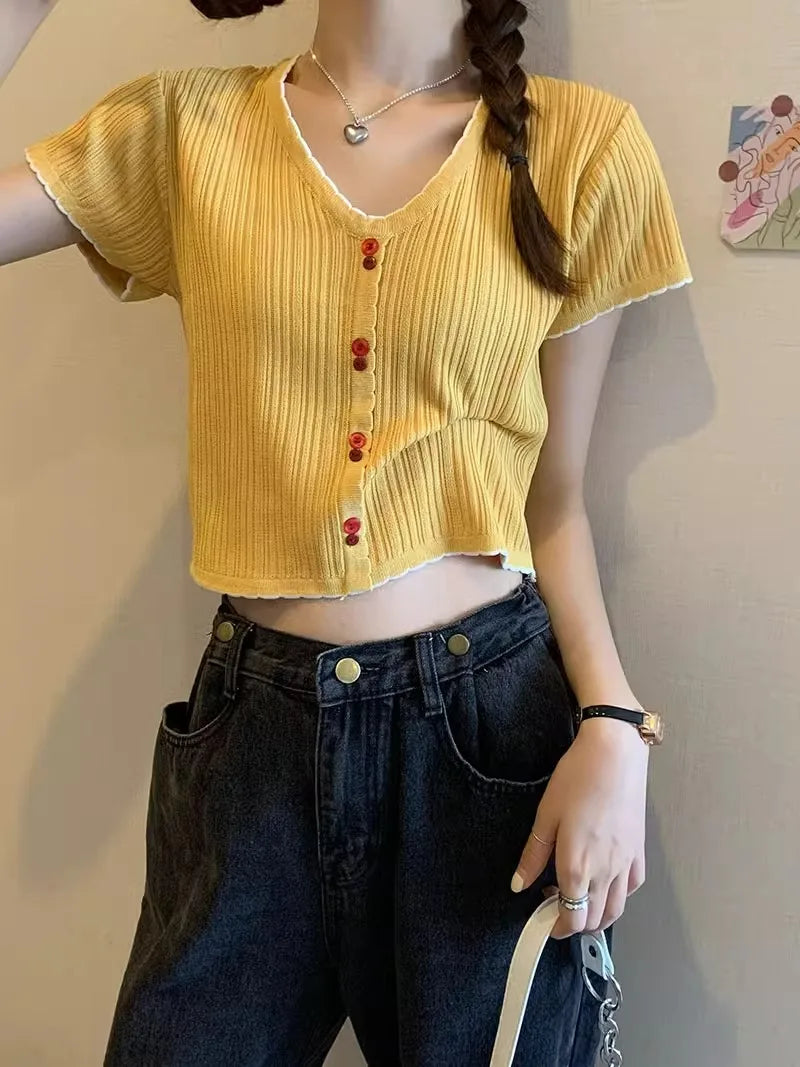 Summer Women's Ice Silk Knitted T-shirt Short Sleeve Striped High Waist Design Sweet And Spicy Belly Button Short Top